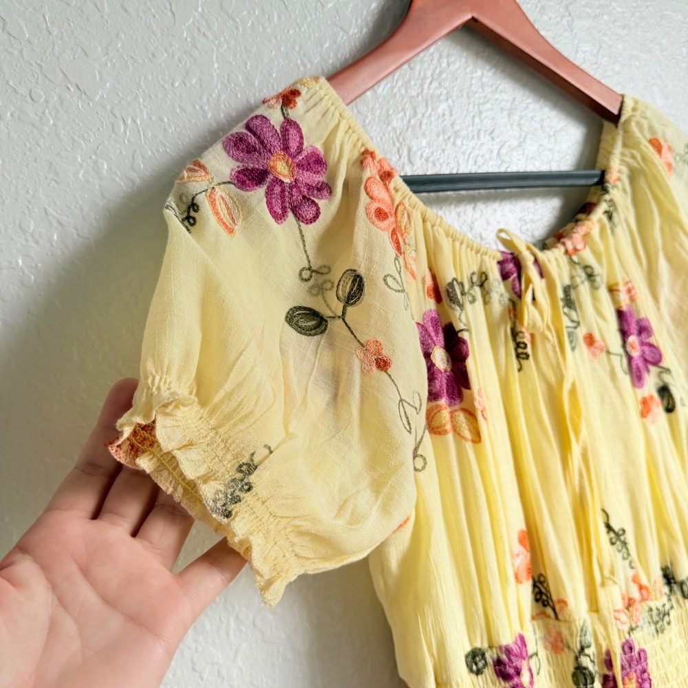Anthro Kindred Smocked Maxi Dress Butter Yellow Embroidered NWT Cottagecore - Picture 5 of 16